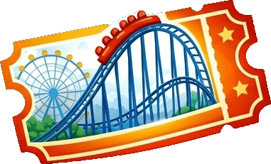 Colorful theme park ticket illustration with a roller coaster, Ferris wheel, and stars.